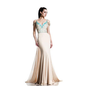Johnathan Kayne Womens 529 ChampagneAqua Jersey Prom Dresses